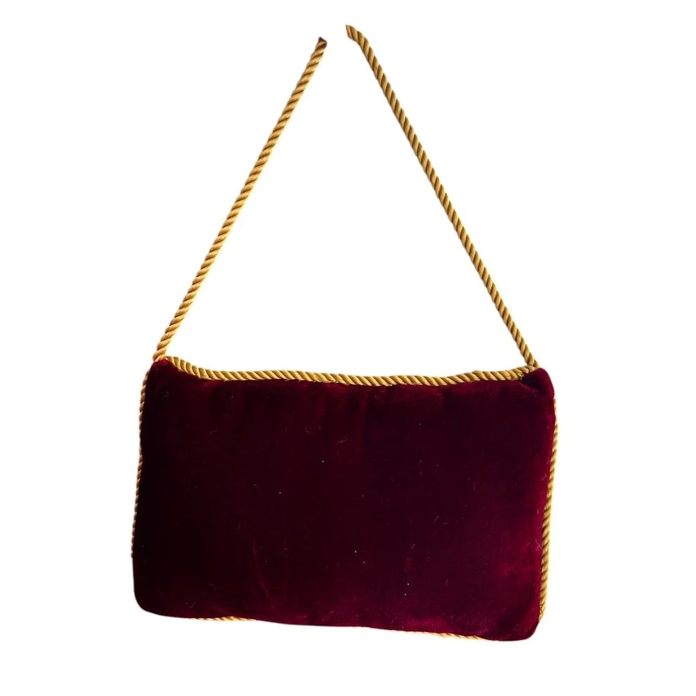 Mini Pillow Christmas Holiday‎ Noel Door Hanger Burgundy Velvet Gold Corded Trim